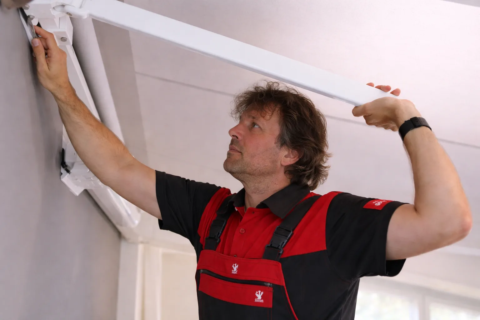 Techniker montiert Gelenkarme einer Markise bei einer Reparatur in Wien